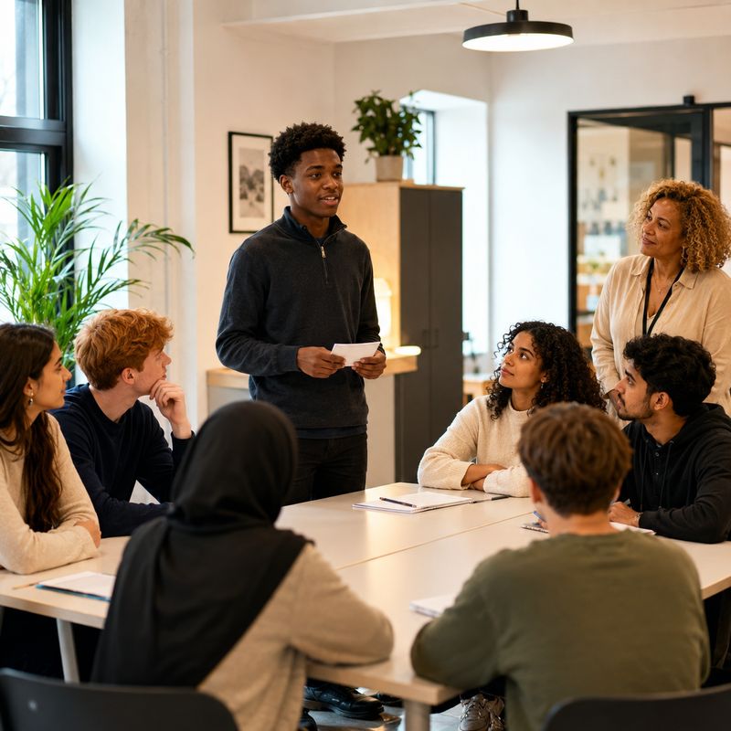 A young person presenting to a group around a table