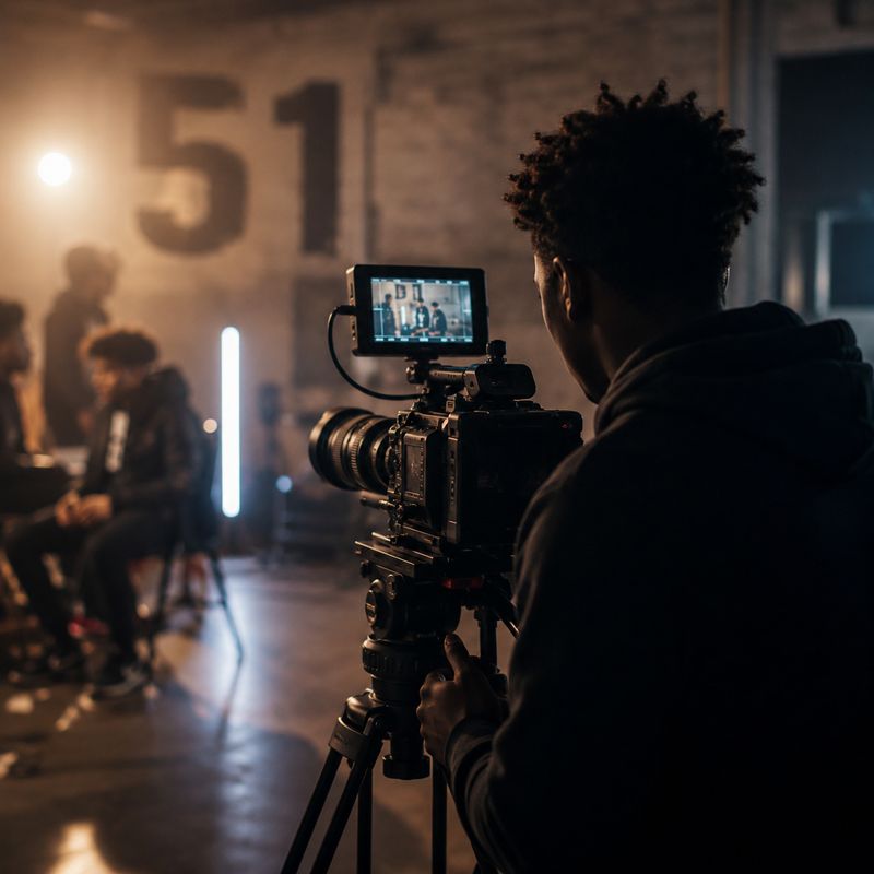A young filmmaker operating a camera on a tripod