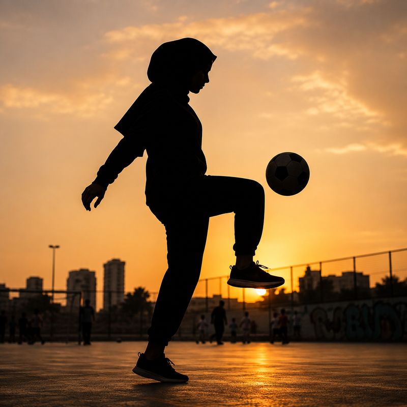 A young person silhouetted against a sunset, keeping a football up