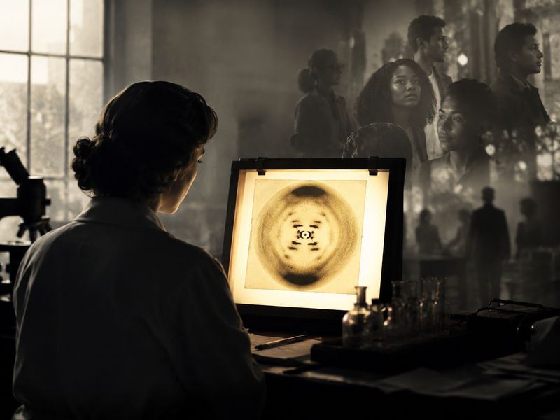 A woman studying an X-ray diffraction image on a screen in a darkened lab