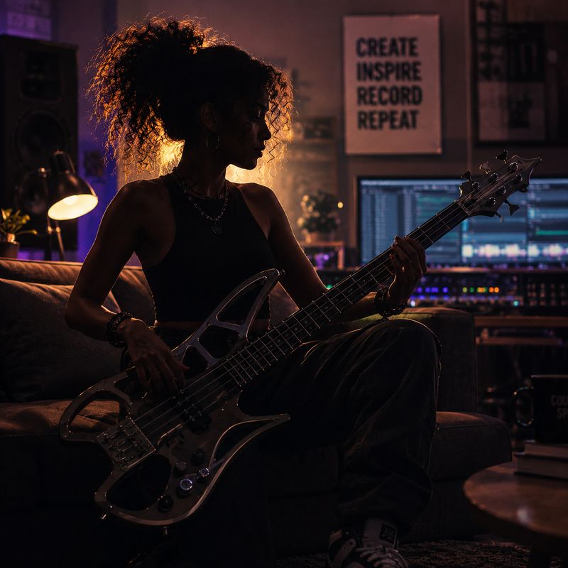 A young musician with a bass guitar in a recording studio
